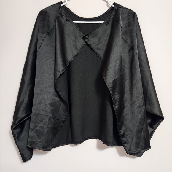 ASOS Black Satin Batwing Top Long Sleeve Blouse With Open Wrap Back Button - Picture 2 of 3
